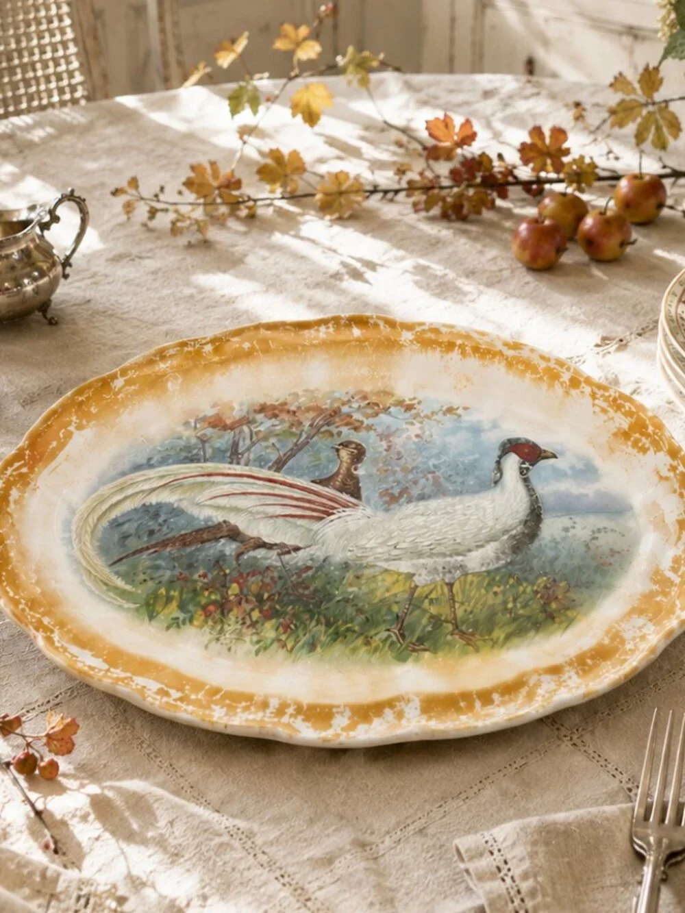 Antique Florence Game Bird Pheasant Lusterware Oval Serving Platter
